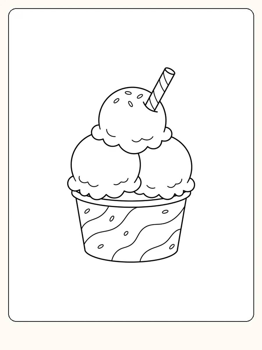 Gobelet rond en papier avec trois boules de glace, des vermicelles sur la boule du haut et un bâtonnet de biscuit à rayures en spirale penché