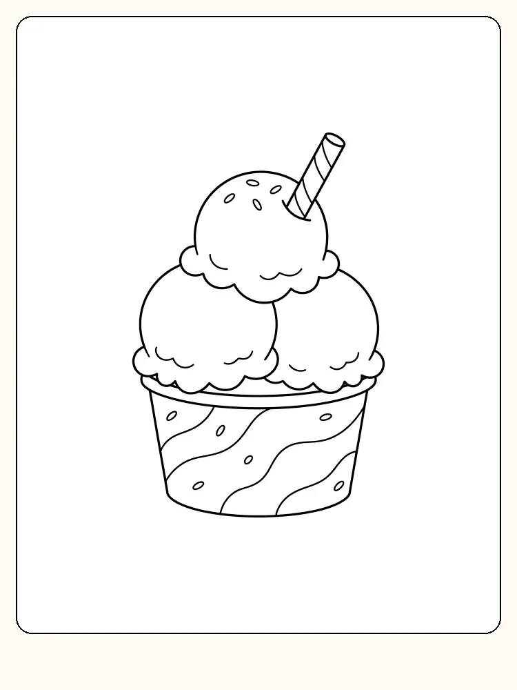 Gobelet rond en papier avec trois boules de glace, des vermicelles sur la boule du haut et un bâtonnet de biscuit à rayures en spirale penché
