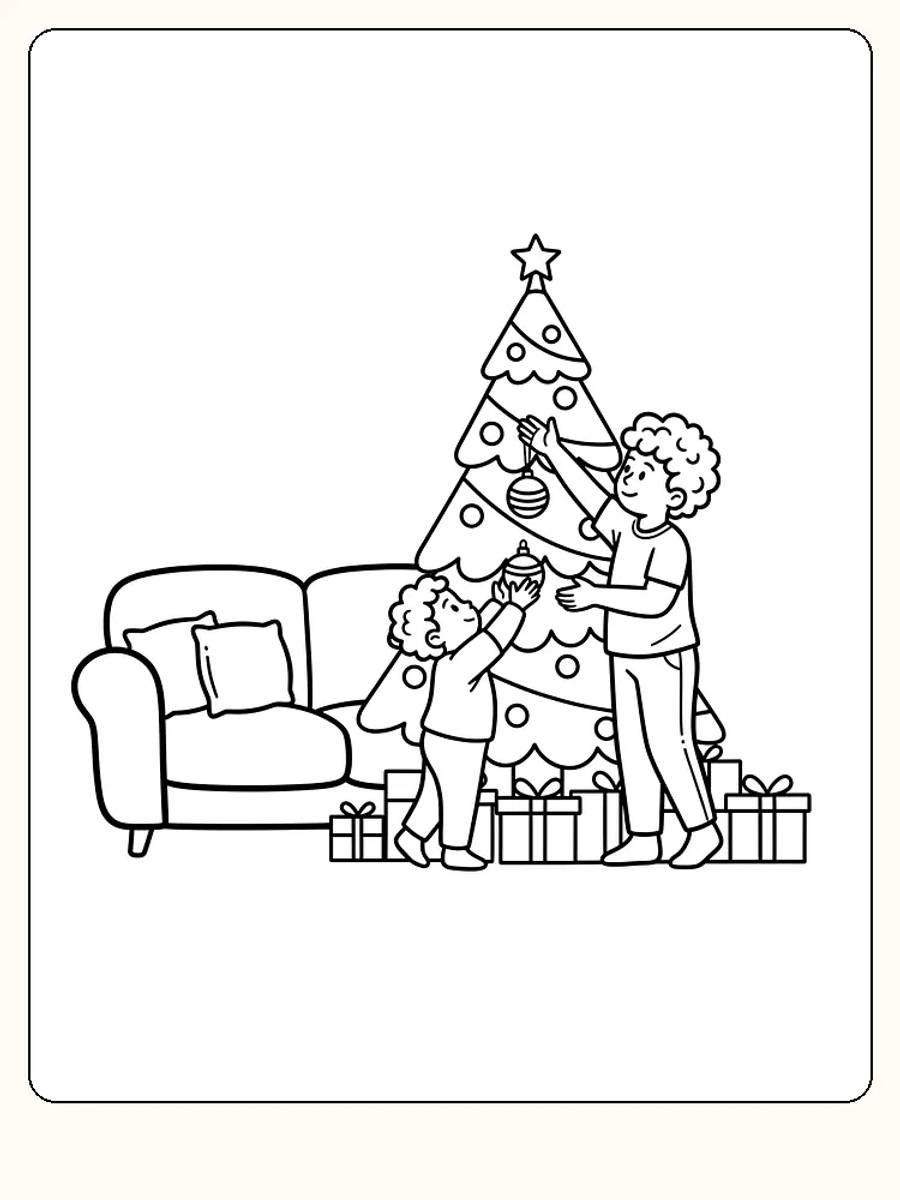 Fargeleggingstegning av to barn som pynter juletre i stue, klar for utskrift