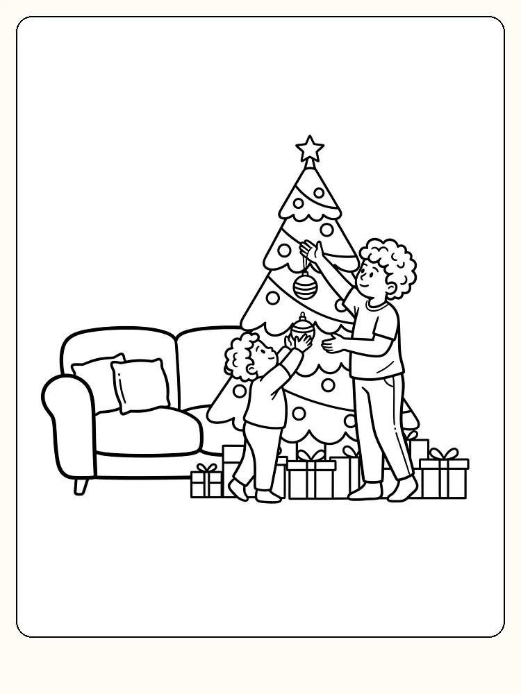 Fargeleggingstegning av to barn som pynter juletre i stue, klar for utskrift