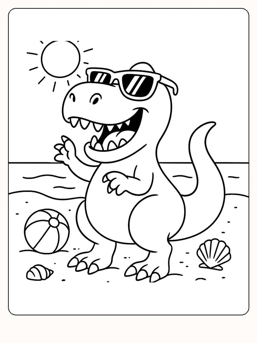 Fargeleggingstegning av en dinosaur med solbriller som står på stranden, klar for utskrift