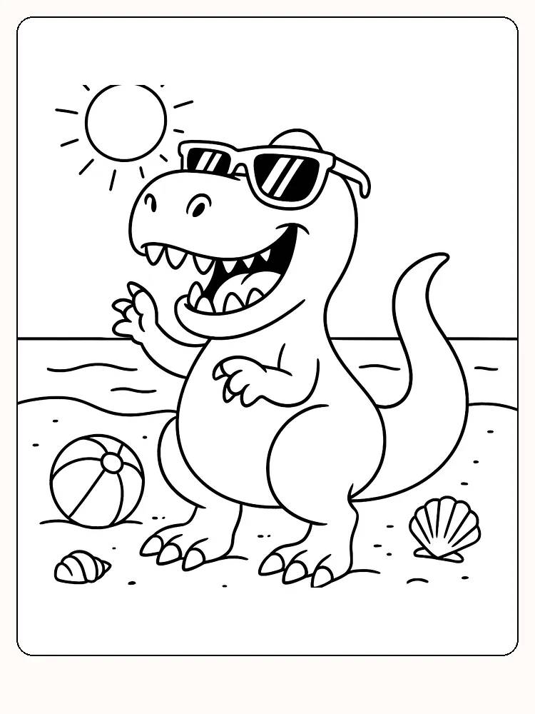 Fargeleggingstegning av en dinosaur med solbriller som står på stranden, klar for utskrift