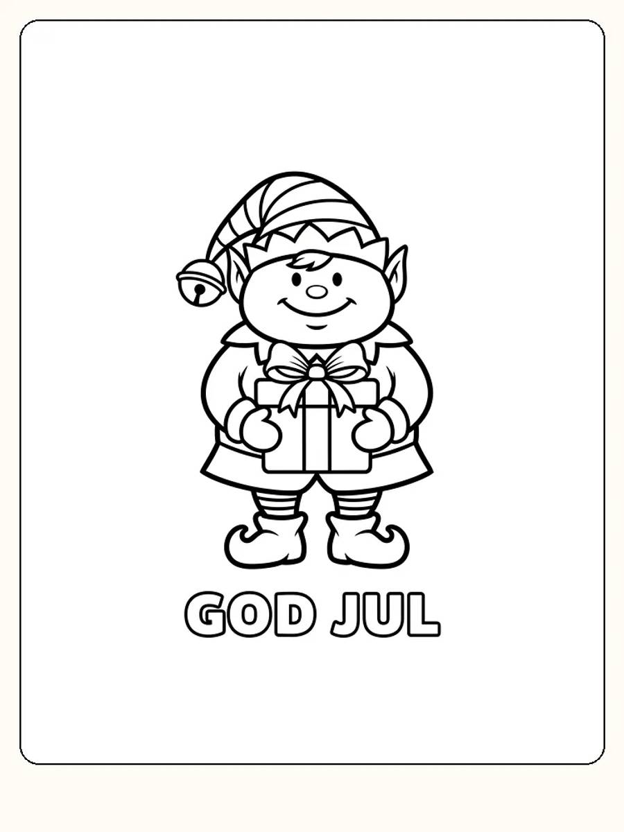 Fargeleggingsbilde av en nisse som holder en gave med teksten 'God Jul', klar for fargelegging