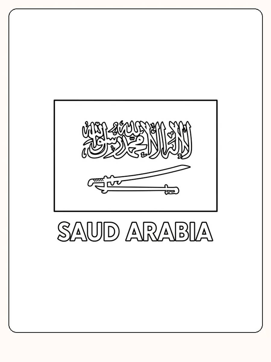 Saudi-Arabiens Flagge mit arabischer Schrift und Schwert, bereit zum Ausmalen