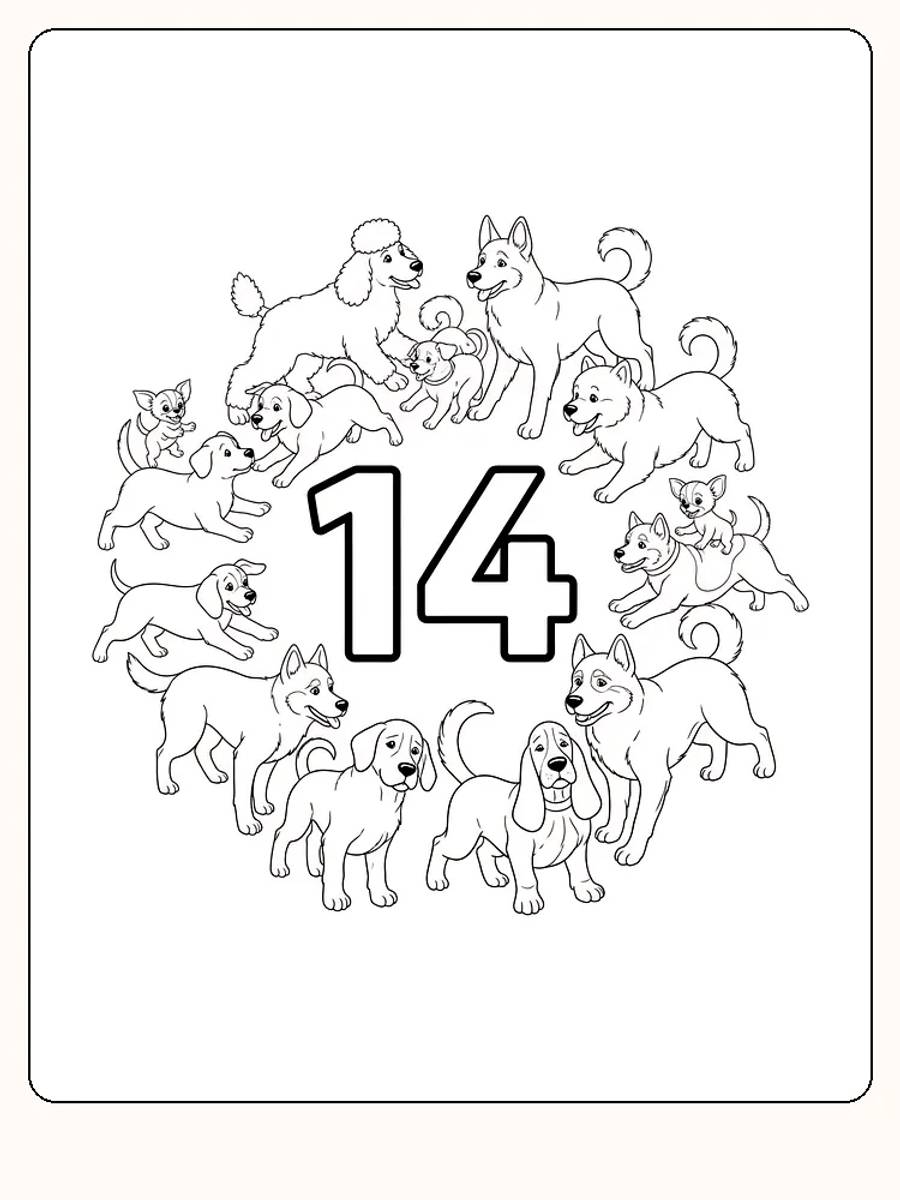 Ausmalbild mit vielen Hunden, die einen Kreis um die Zahl 14 bilden, zum Ausdrucken und Ausmalen.