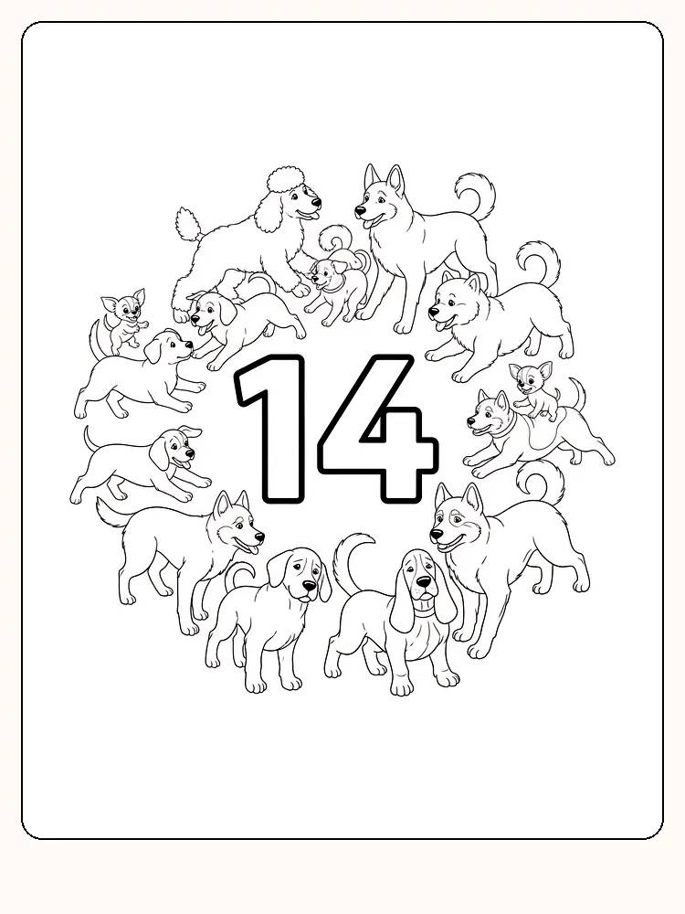 Ausmalbild mit vielen Hunden, die einen Kreis um die Zahl 14 bilden, zum Ausdrucken und Ausmalen.