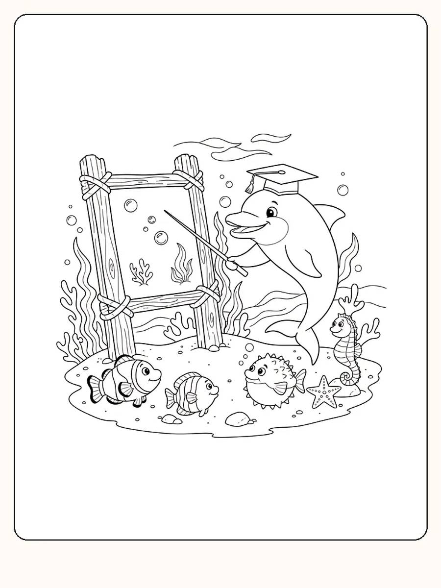 Tegning til farvelægning af delfin med kappe og venner i havet, klar til print