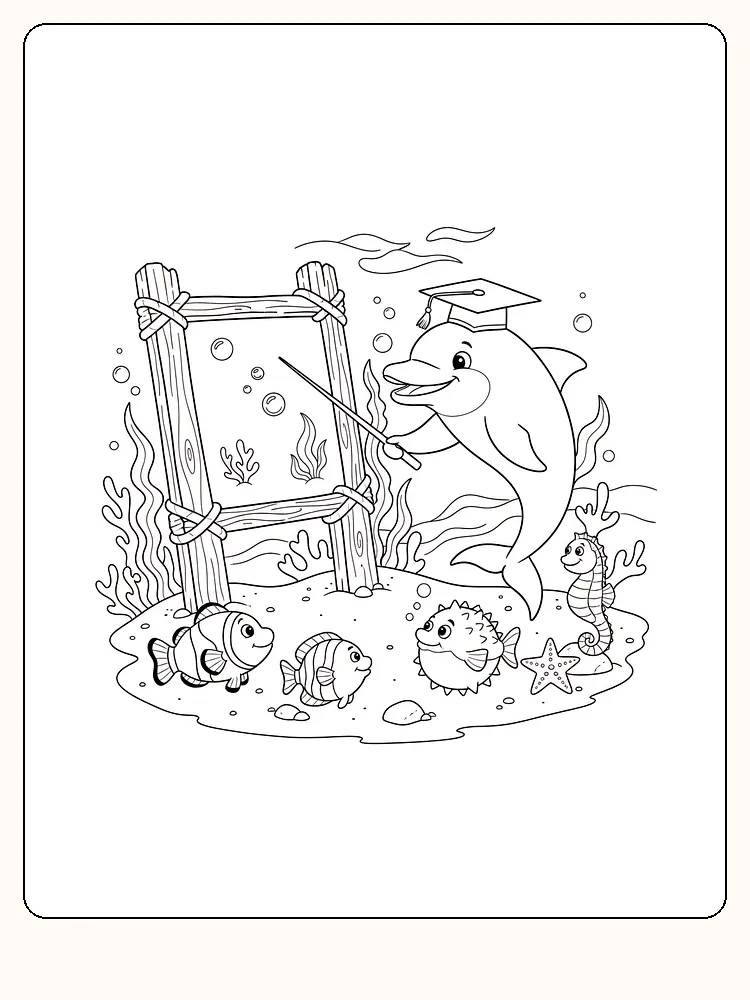 Tegning til farvelægning af delfin med kappe og venner i havet, klar til print