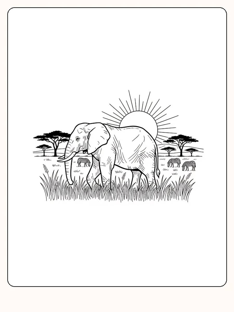 Fargeleggingstegning av en elefant på en savanne med soloppgang i bakgrunnen, klar for utskrift
