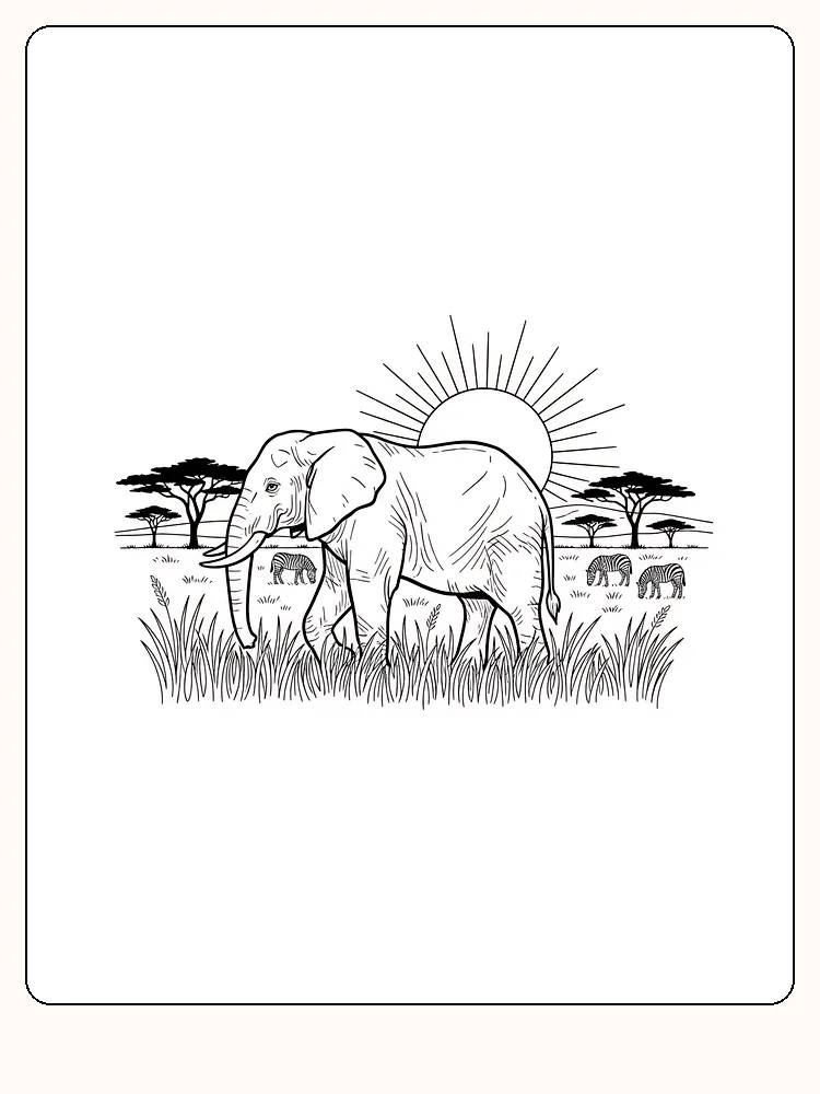 Fargeleggingstegning av en elefant på en savanne med soloppgang i bakgrunnen, klar for utskrift