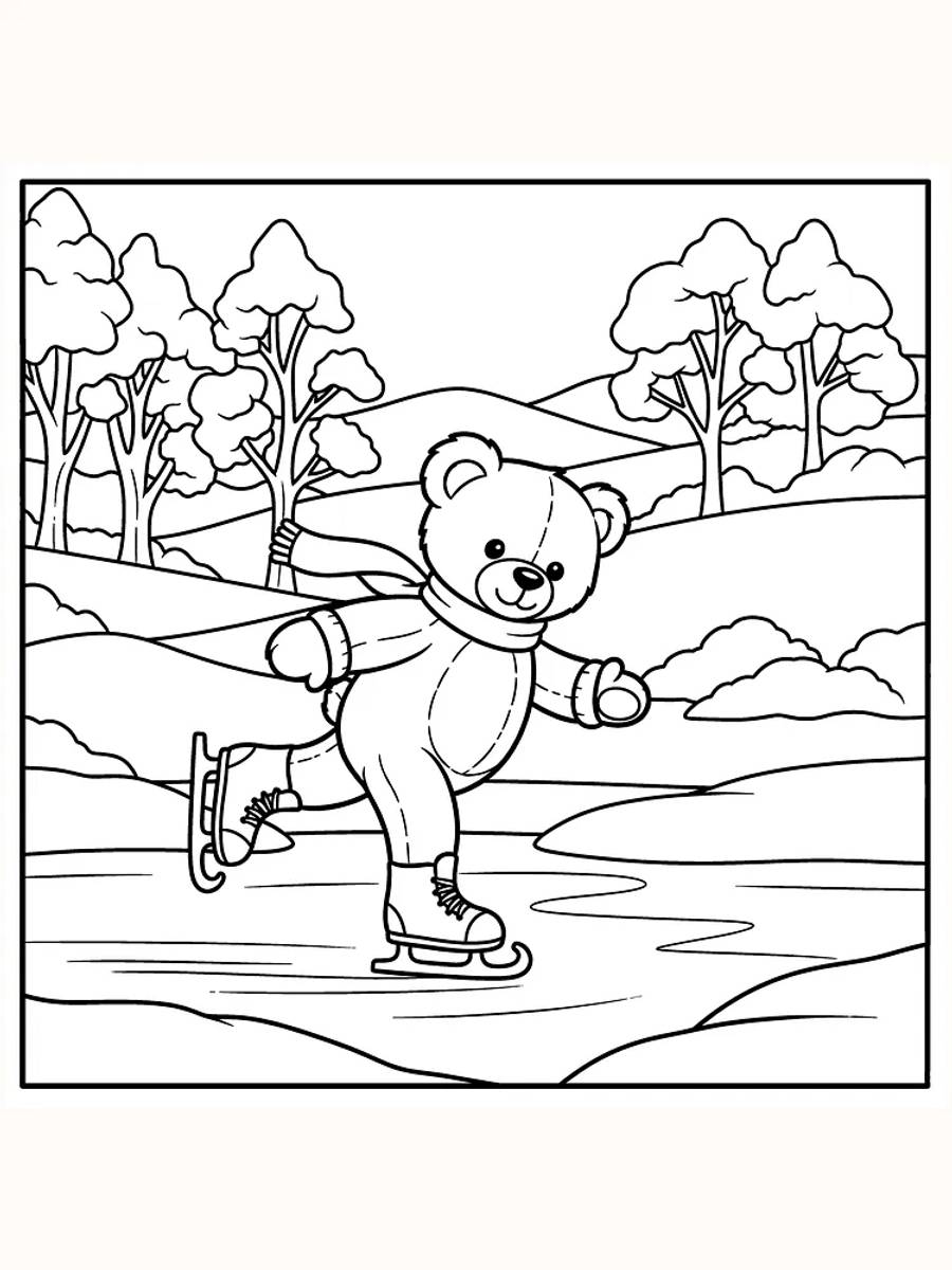 Tegning til farvelægning af en bamse, der går på skøjter i et vinterlandskab, perfekt til udskrift