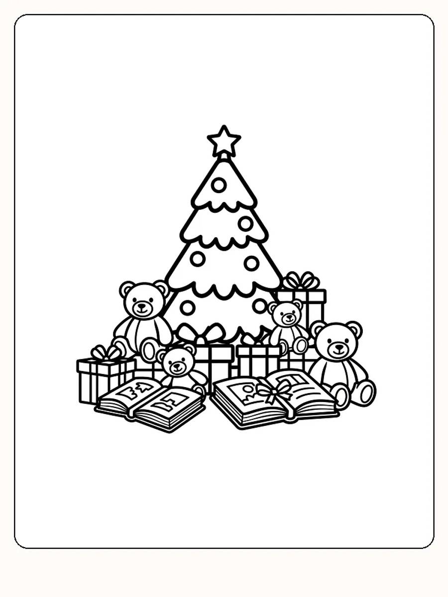 Tegning av juletre omgitt av bamser, gaver og åpne bøker, klar til fargelegging