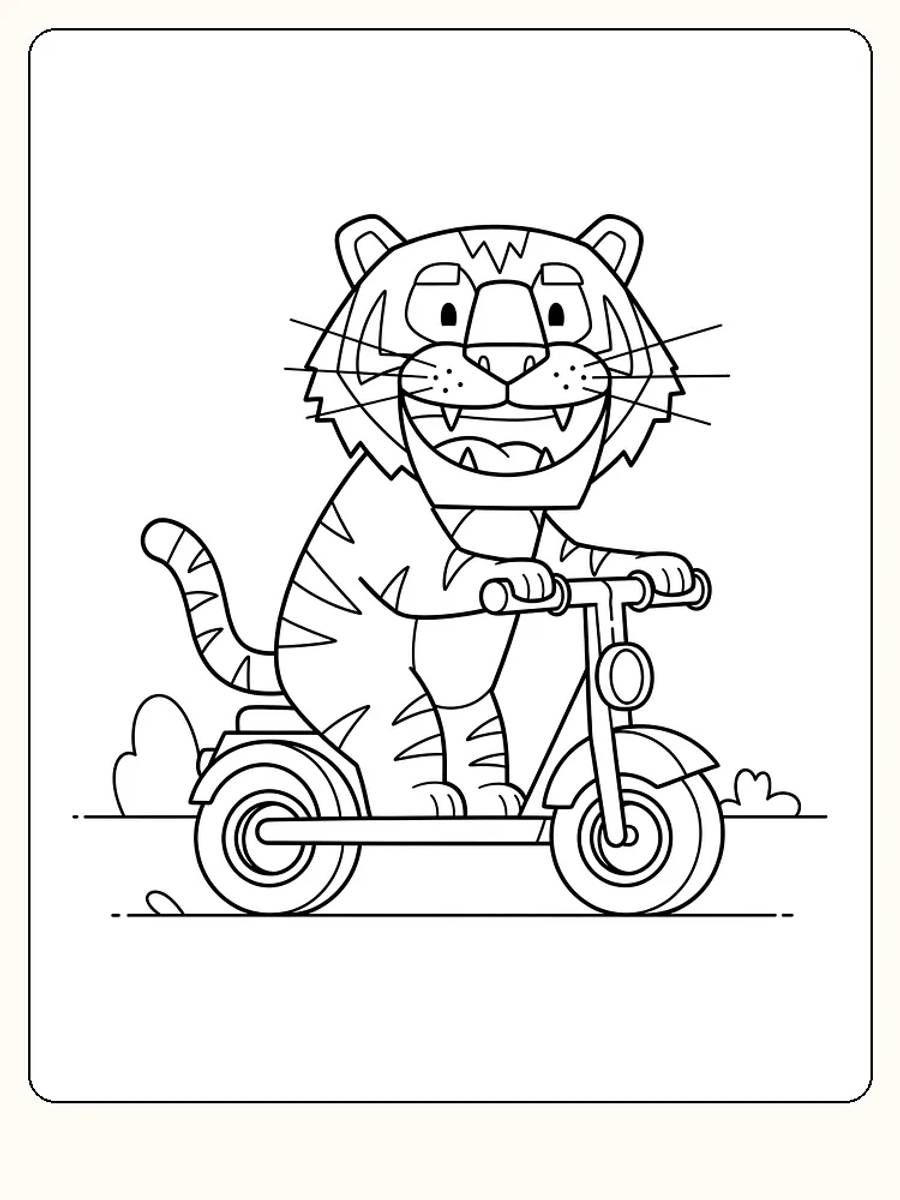 Tegning til farvelægning af en glad tiger på løbehjul, klar til download