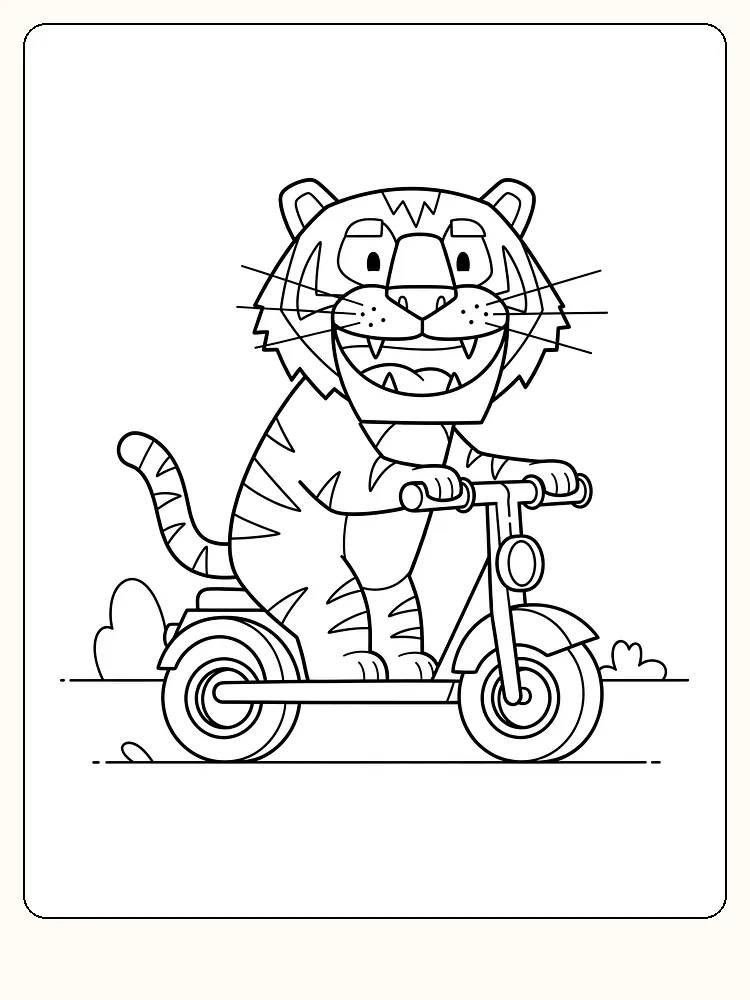 Tegning til farvelægning af en glad tiger på løbehjul, klar til download
