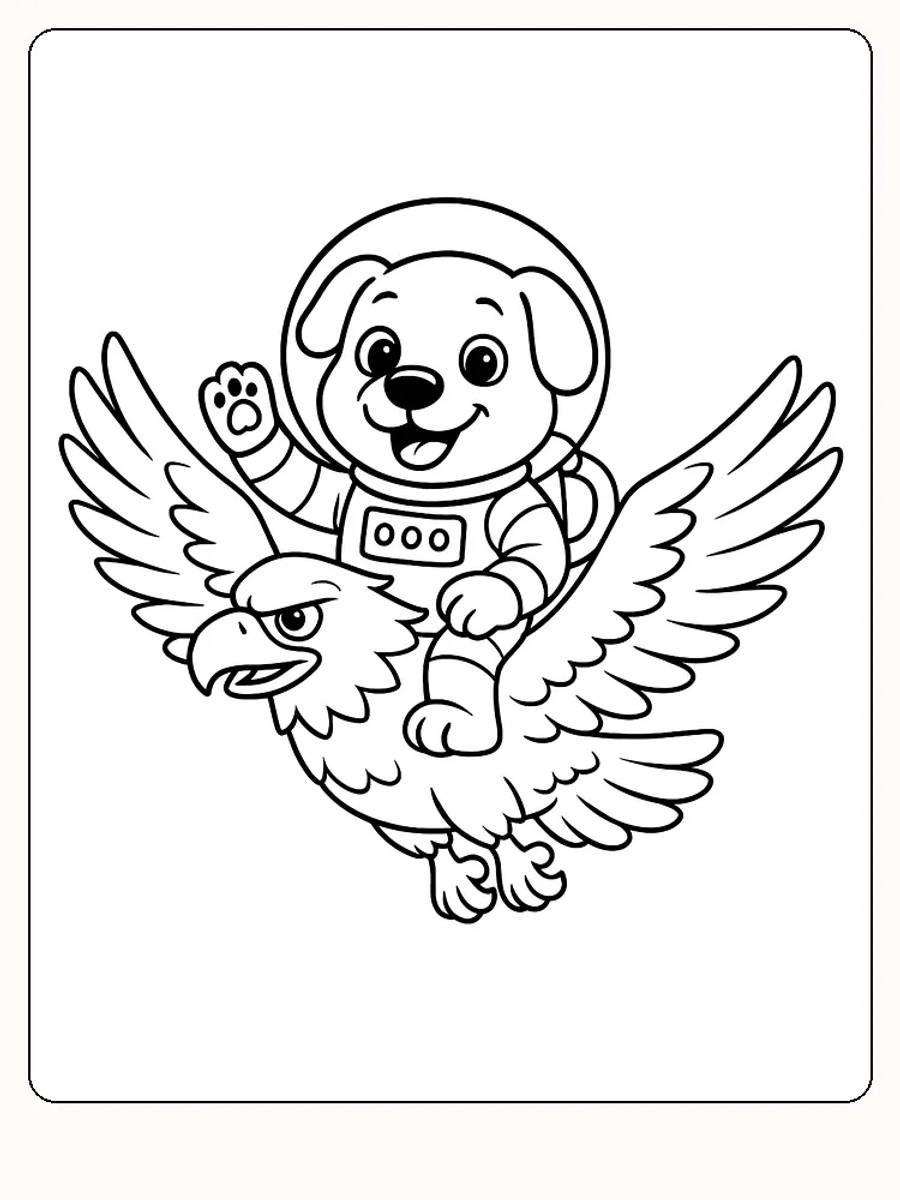 Fargeleggingsbilde av en hund i astronautdrakt som rir en flygende ravn, klar for nedlasting