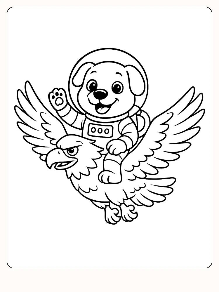 Fargeleggingsbilde av en hund i astronautdrakt som rir en flygende ravn, klar for nedlasting