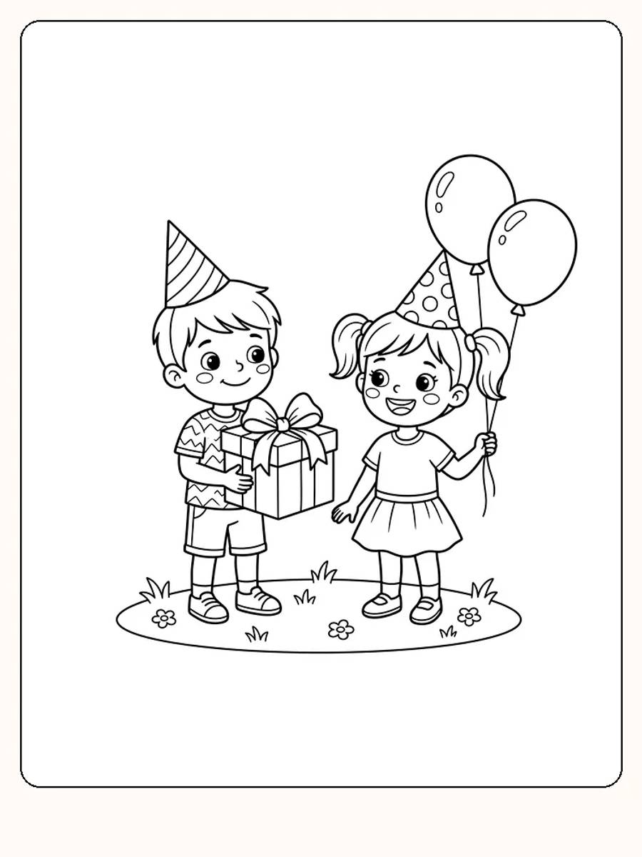 Anniversaire avec deux enfants souriants sur un carré d'herbe : un garçon avec un grand cadeau et une fille avec deux ballons