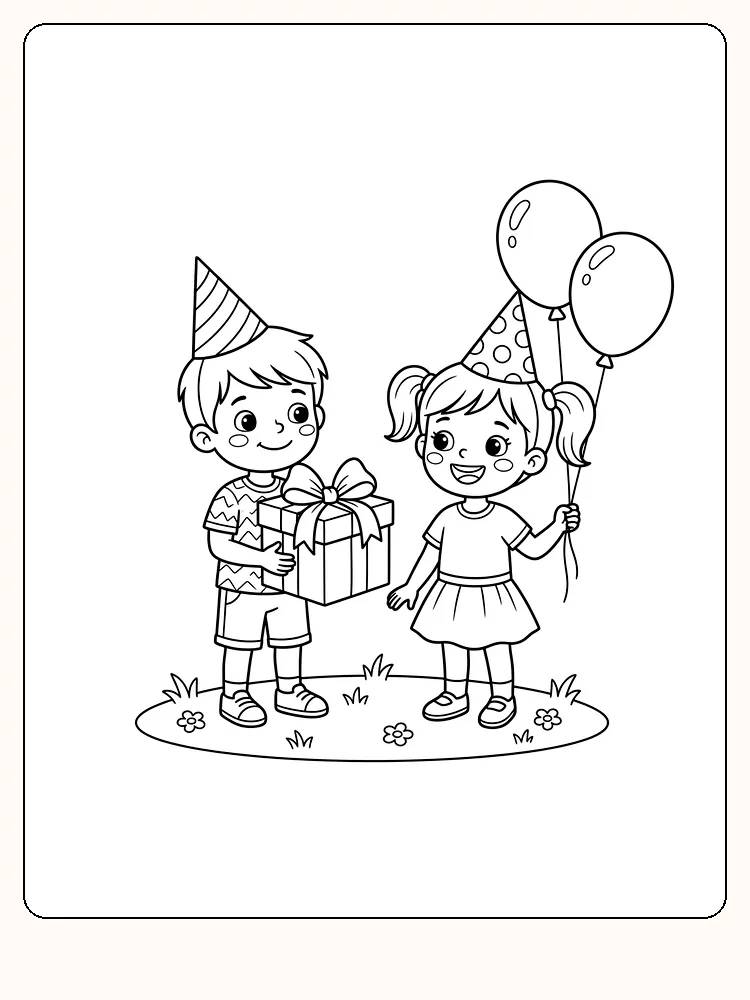 Anniversaire avec deux enfants souriants sur un carré d'herbe : un garçon avec un grand cadeau et une fille avec deux ballons
