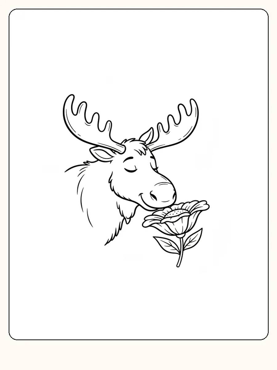 Tegning til farvelægning af en elg, der snuser til en blomst, klar til print