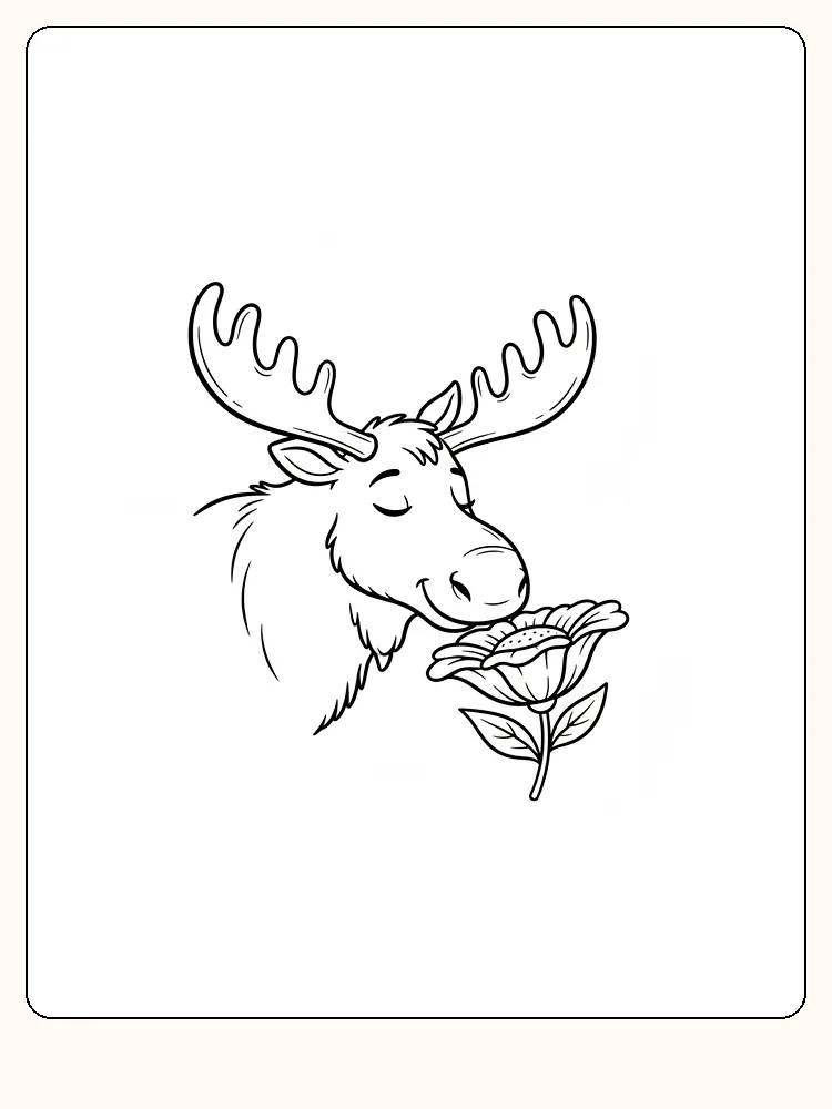 Tegning til farvelægning af en elg, der snuser til en blomst, klar til print