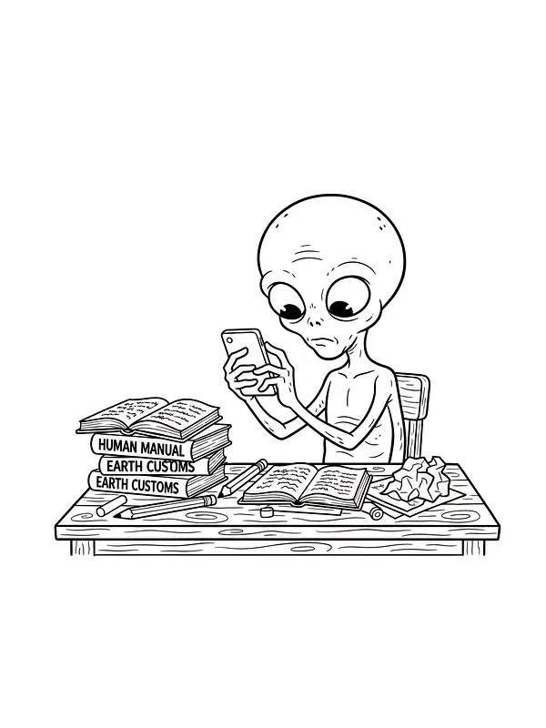 Alien med bøger og mobil
