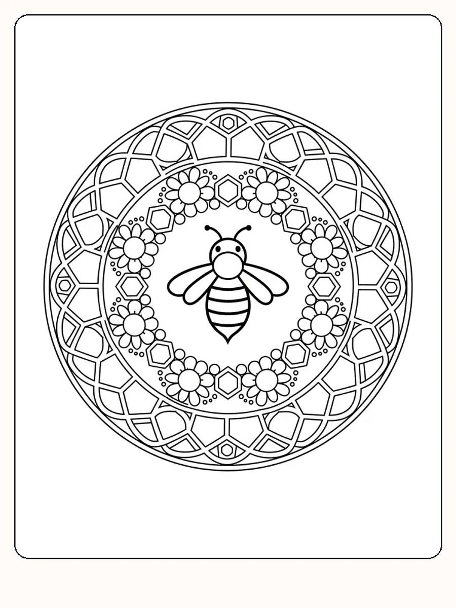Vakre blomster og en bie i intrikat mandala design, klar for utskrift og fargelegging