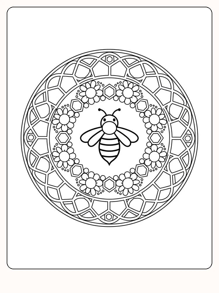 Vakre blomster og en bie i intrikat mandala design, klar for utskrift og fargelegging