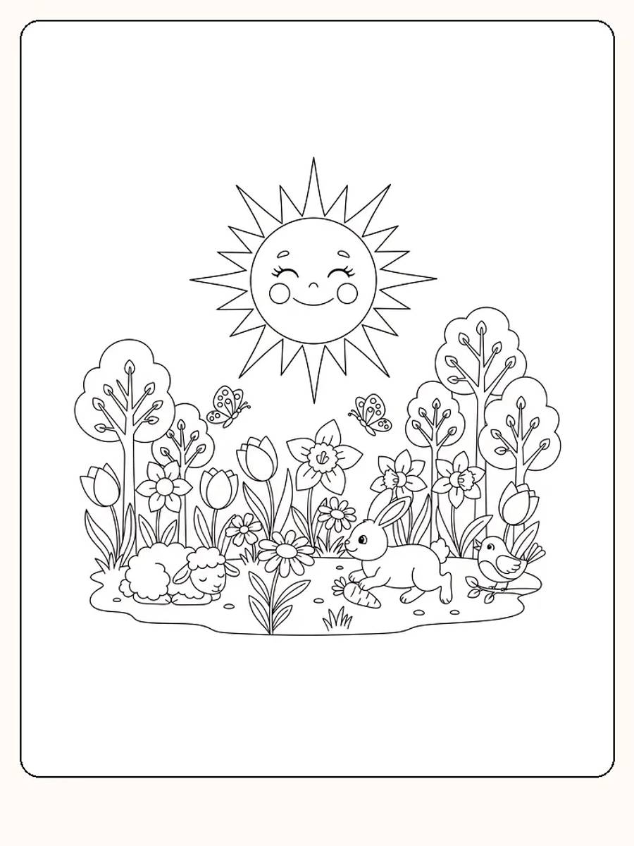 Fargeleggingstegning av dyr og planter i solfylt landskap med smilende sol