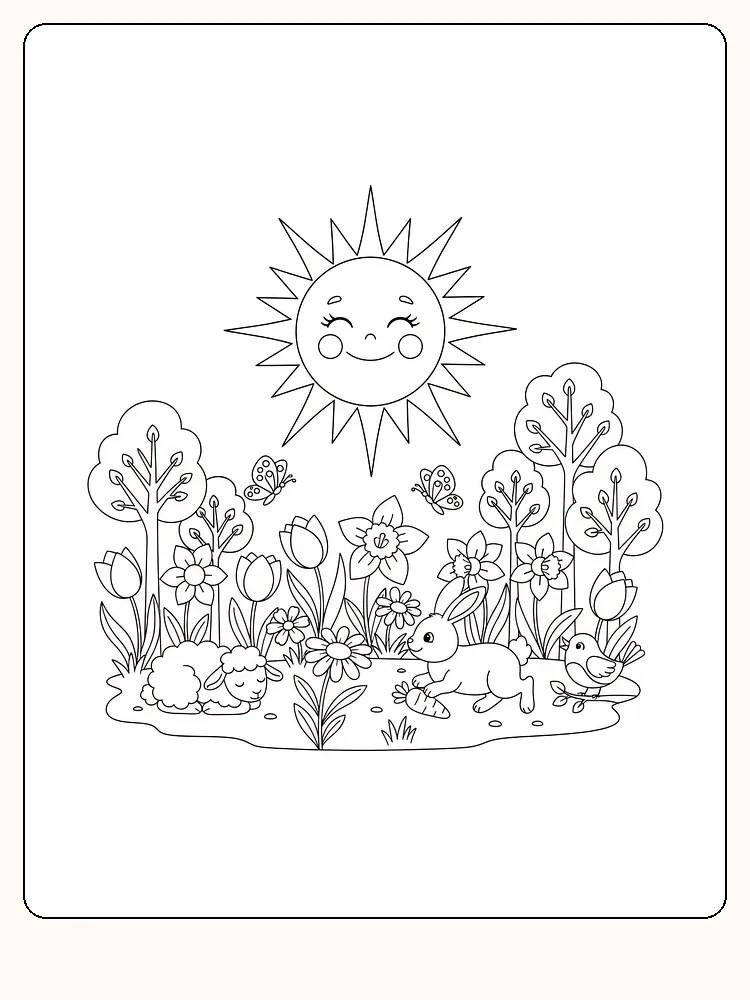 Fargeleggingstegning av dyr og planter i solfylt landskap med smilende sol