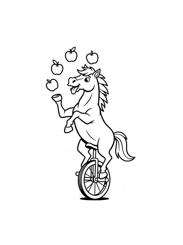 Hest på enhjulssykkel jonglerer epler, underkategori