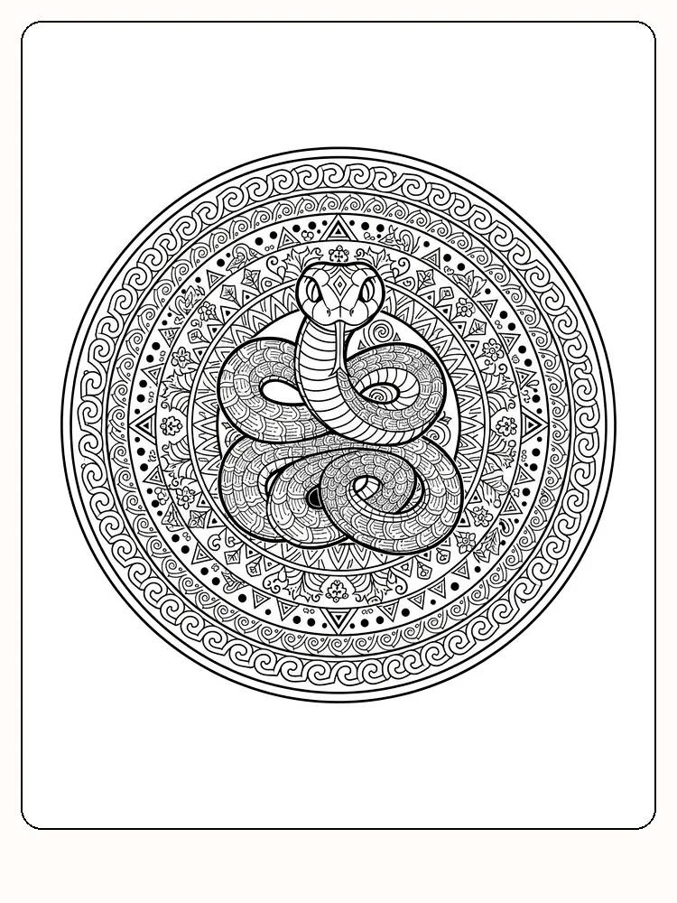Fargeleggingstegning av en kobra omgitt av innviklede mandala-mønstre, klar for utskrift