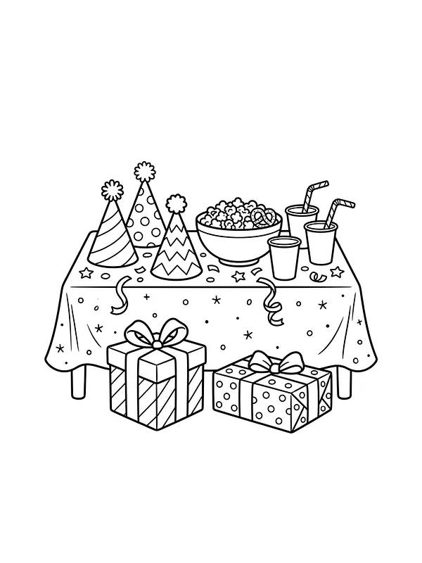 Table d'anniversaire avec chapeaux et cadeaux