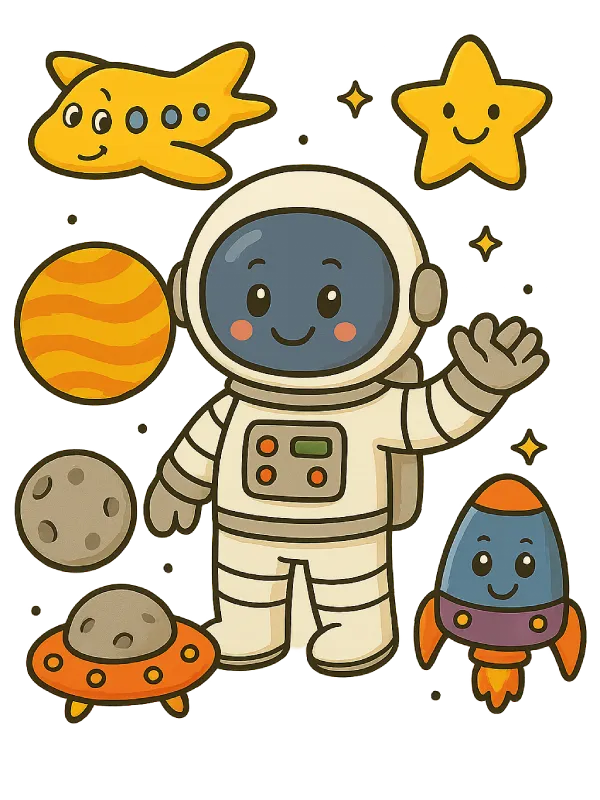 astronaut omgitt av planeter, raketter, stjerner og fly som representerer underkategorien verdensrommet