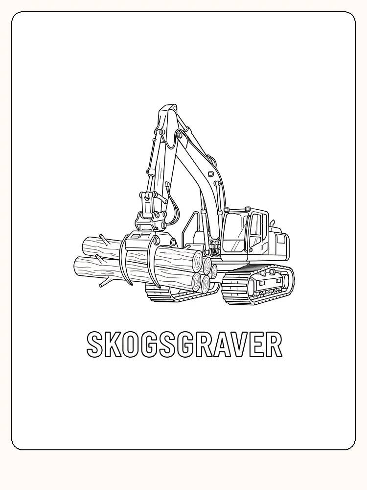 Målarbild av en skogsgrävare som håller i timmerstockar, redo för utskrift.