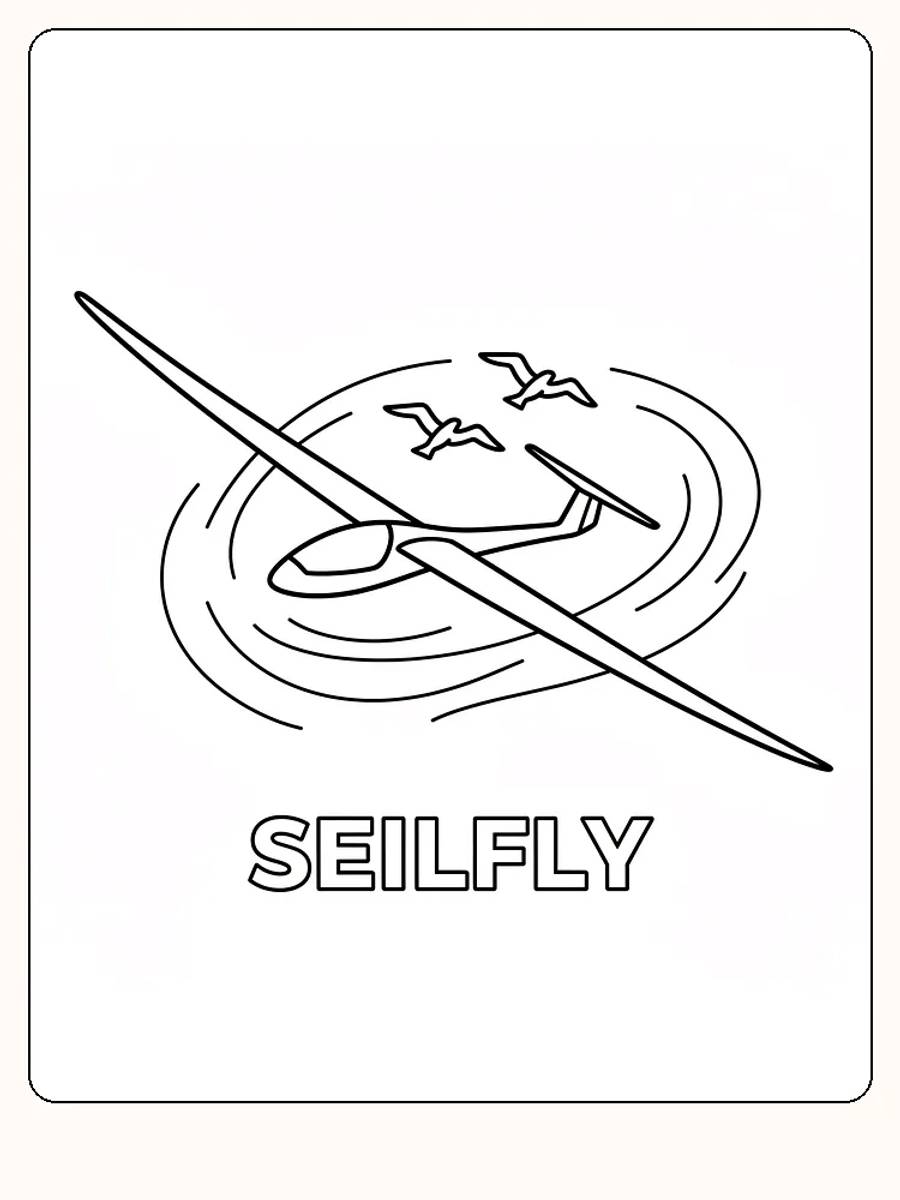 Målarbild av ett segelflygplan i luften omgiven av fåglar, redo för utskrift.
