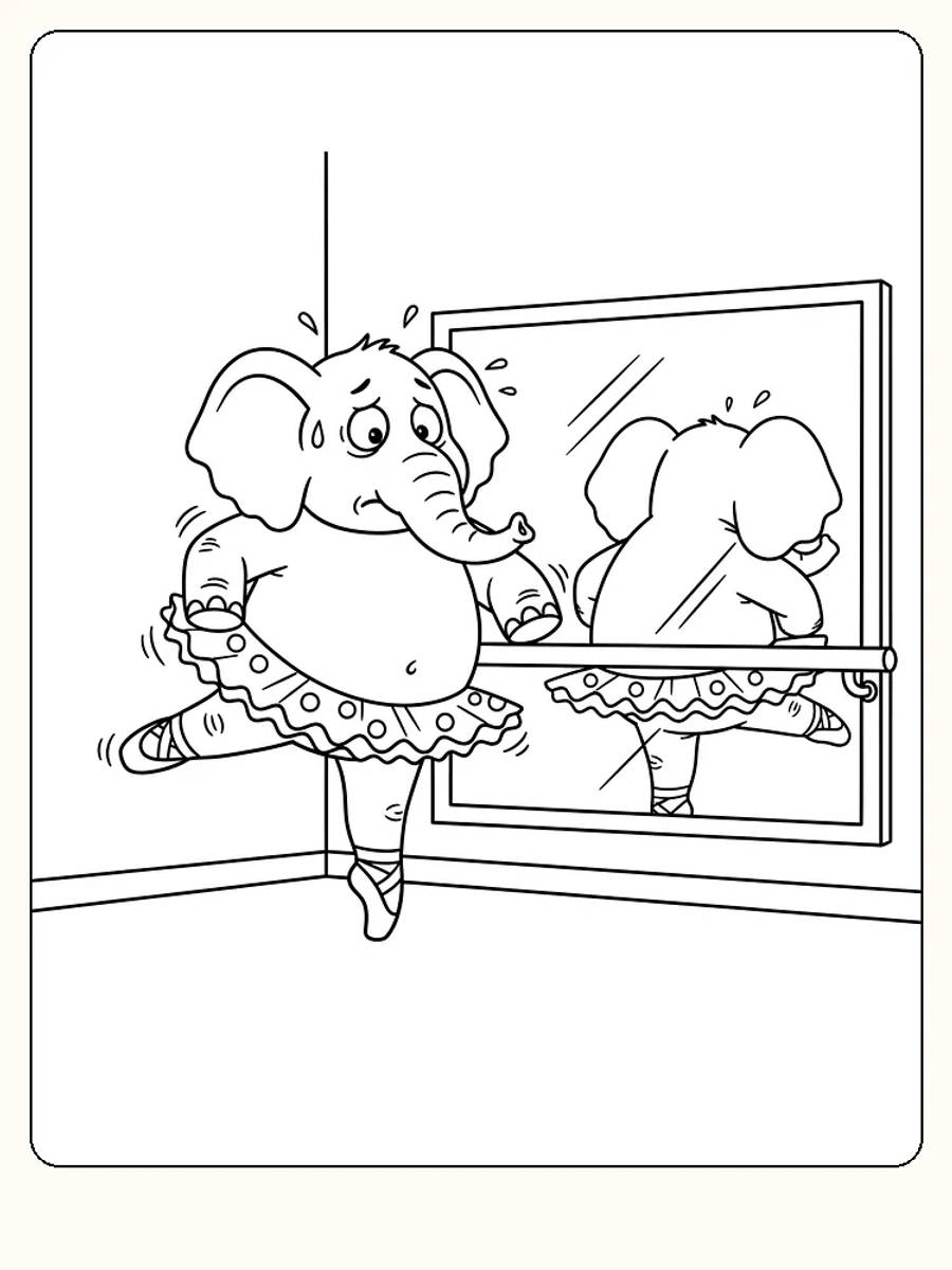 Fargelegging av en elefant som danser ballett foran et speil, klar til fargelegging