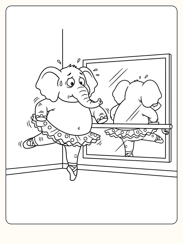 Fargelegging av en elefant som danser ballett foran et speil, klar til fargelegging