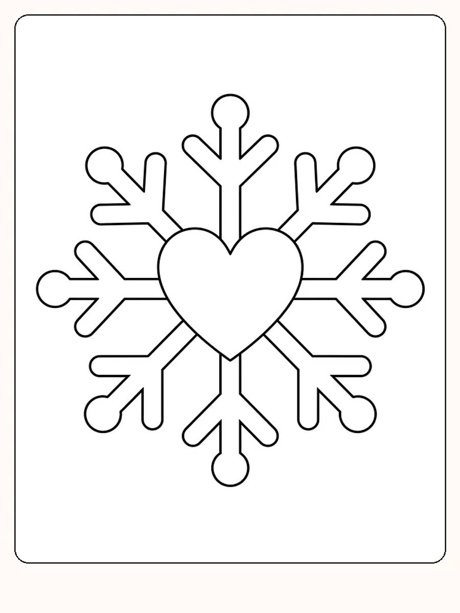 Grand flocon de neige à six bras avec un cœur au centre, où chaque bras se termine par une boule ronde