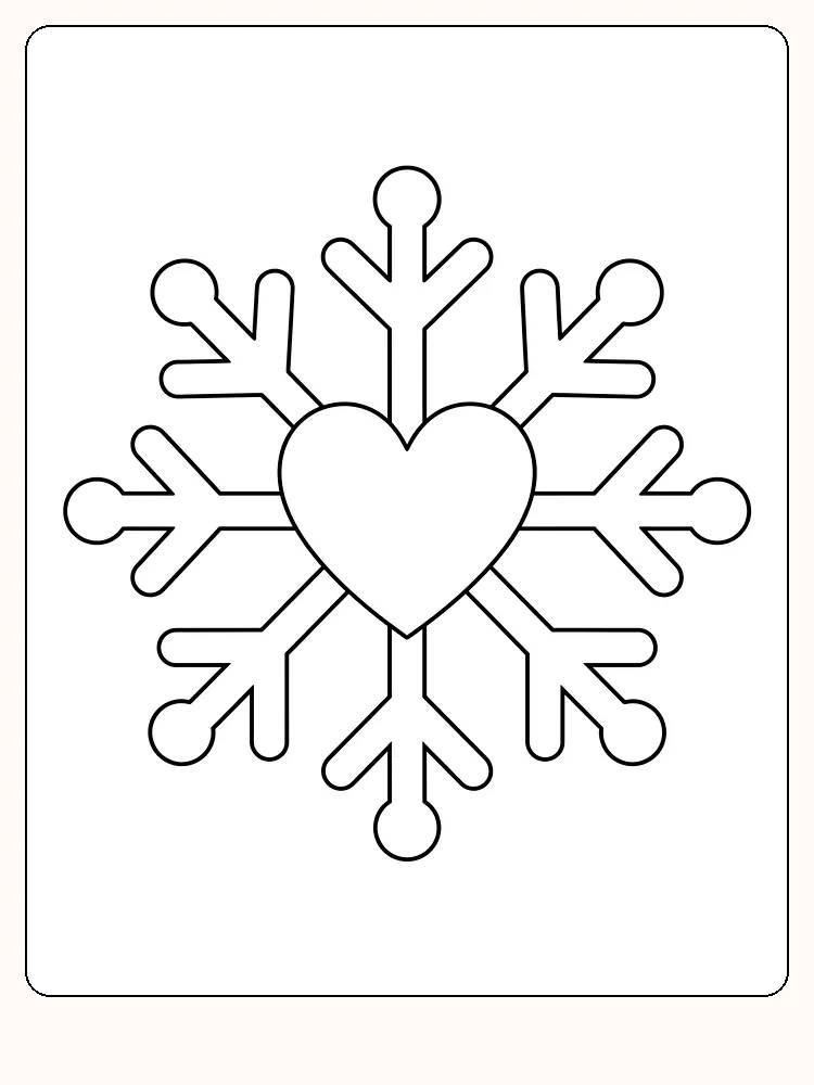 Grand flocon de neige à six bras avec un cœur au centre, où chaque bras se termine par une boule ronde