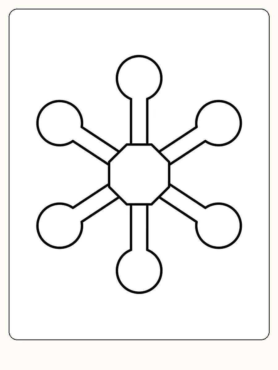 Tegning til farvelægning af et geometrisk snefnug med seks arme, klar til print