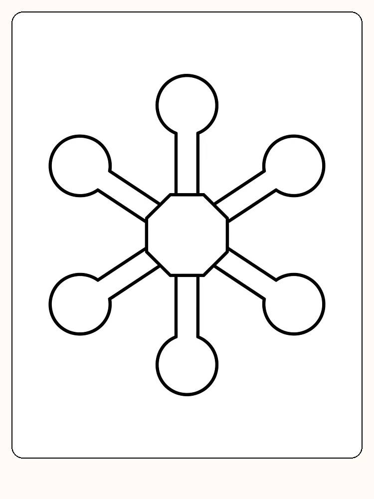 Tegning til farvelægning af et geometrisk snefnug med seks arme, klar til print