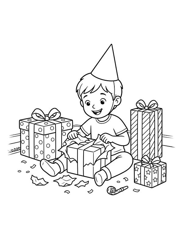 Garçon d'anniversaire qui déchire le papier d'un cadeau