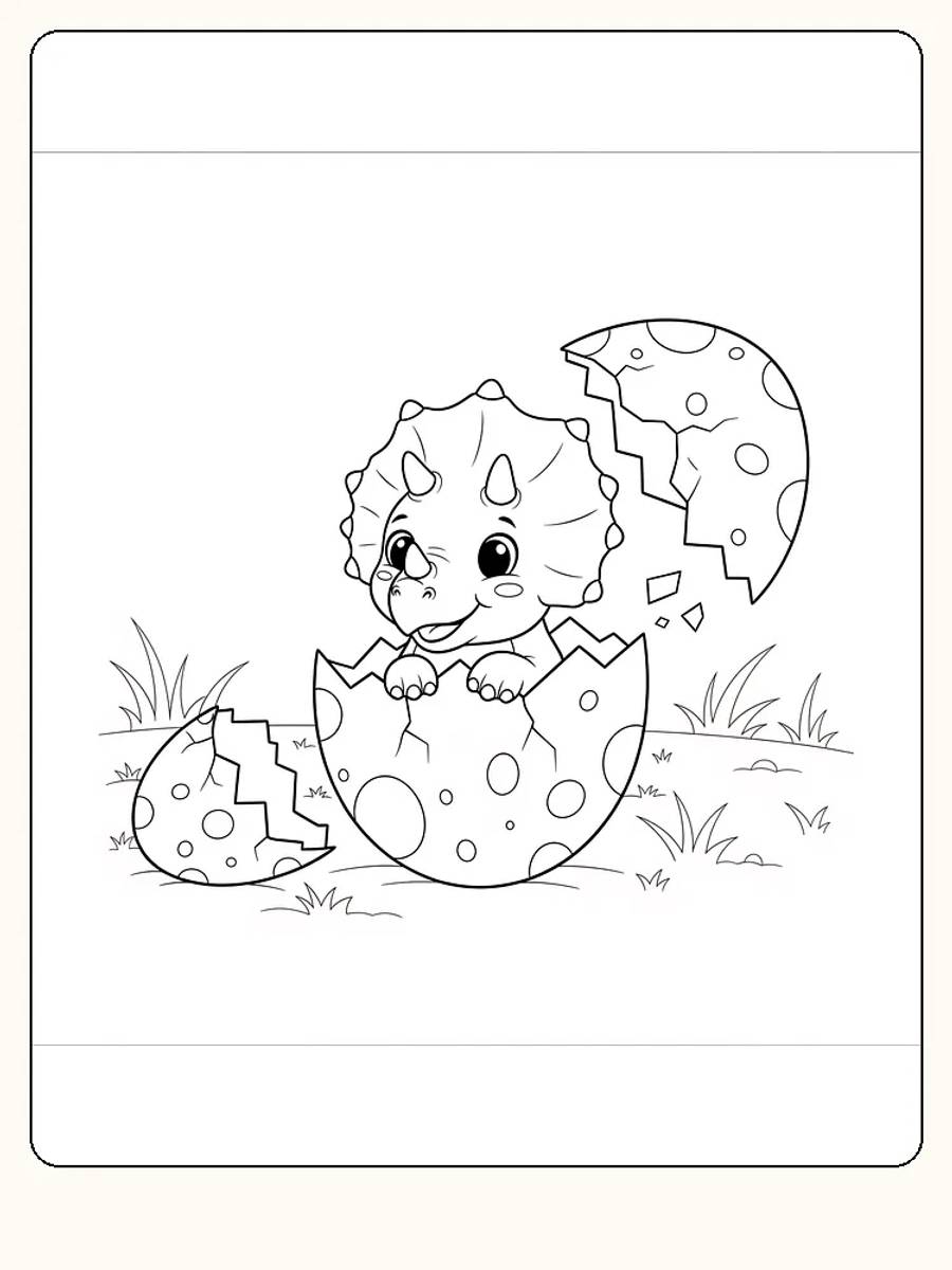 Fargeleggingsbilde av triceratops-unge klekkende fra egg, på en gresslette