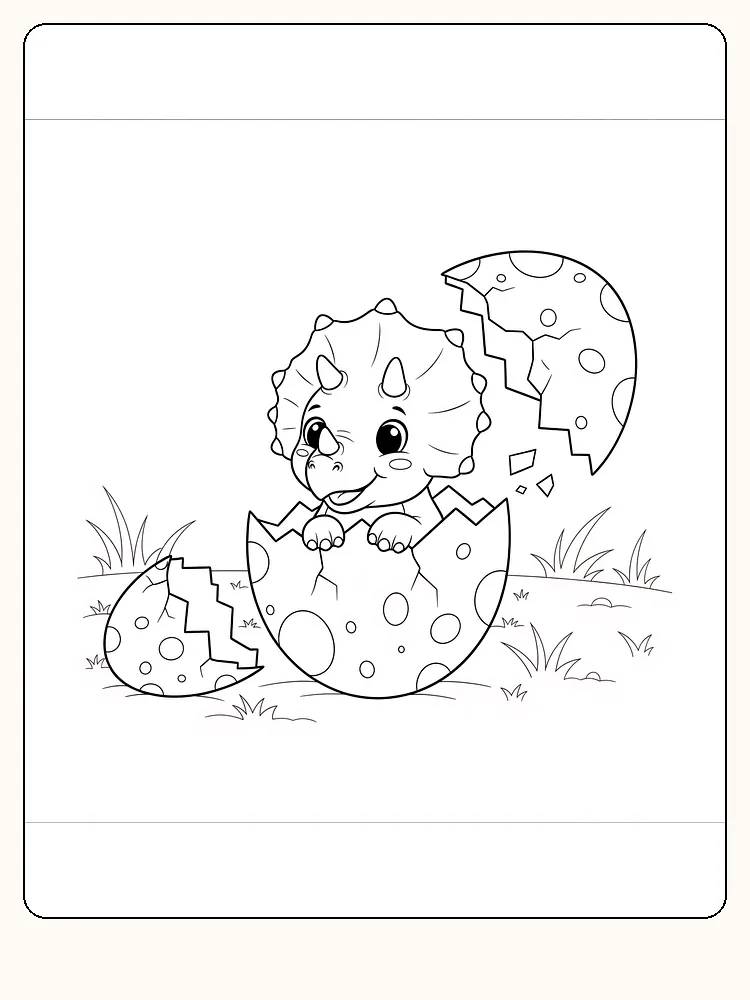 Fargeleggingsbilde av triceratops-unge klekkende fra egg, på en gresslette