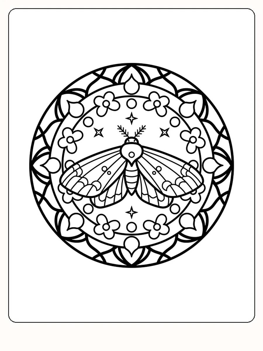 Detaljert mandala med sommerfugl og blomster, klare for fargelegging