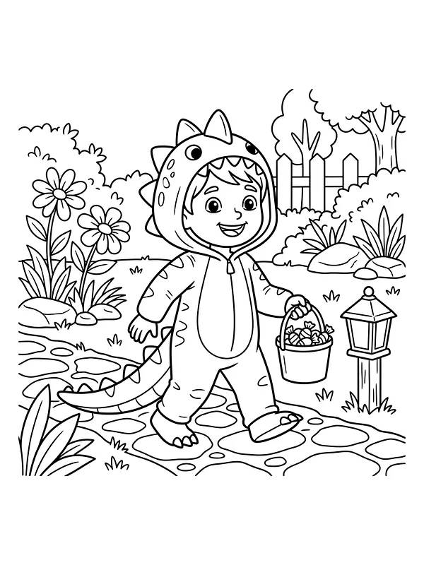 Halloweenbarn i dinosaurkostume med slik