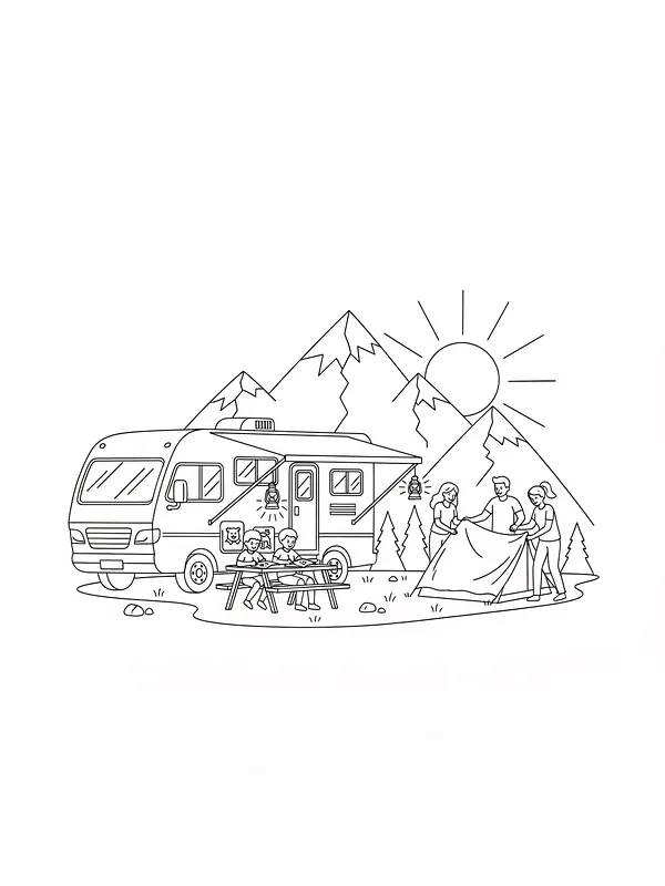 Familie på camping i bjergene