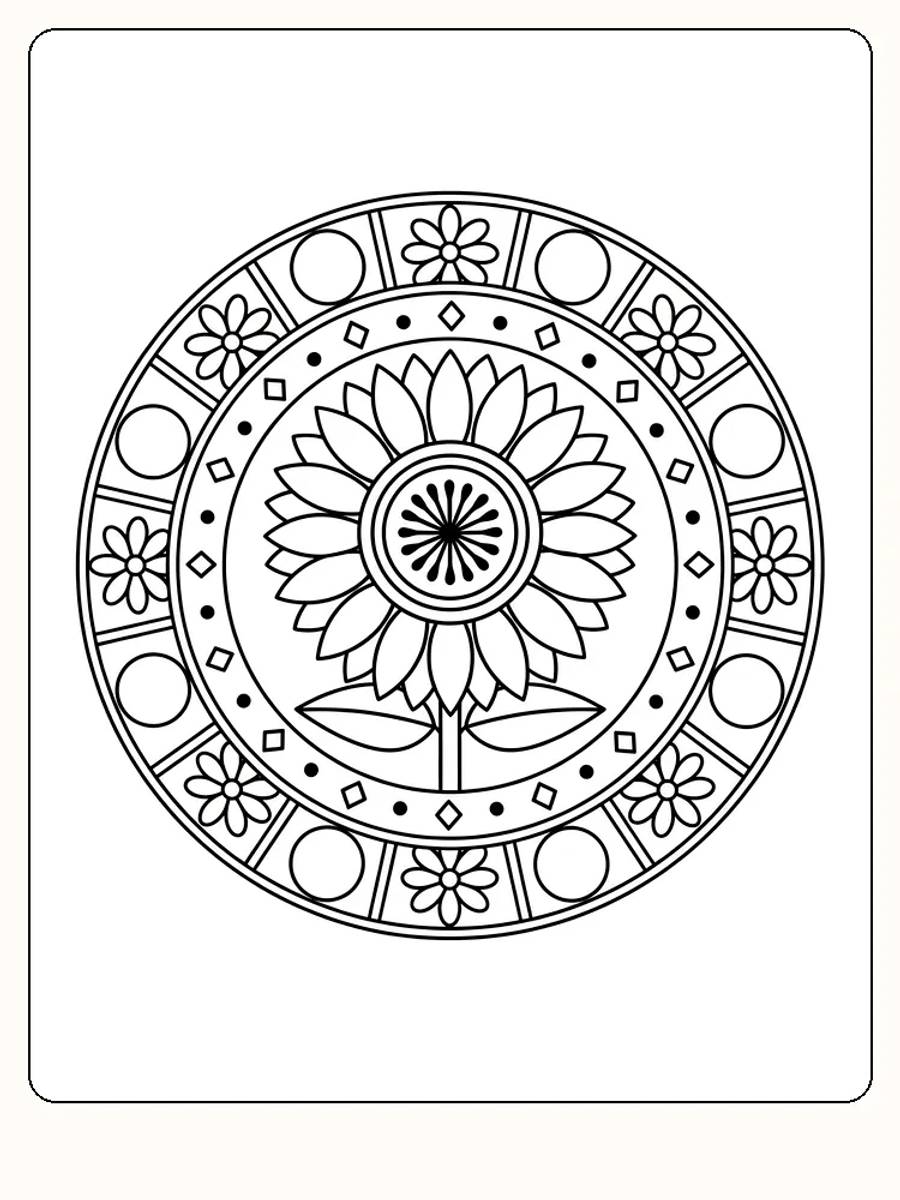 Detailliertes Ausmalbild einer Blumenmandala mit Sonnenmotiv, bereit zum Ausdrucken