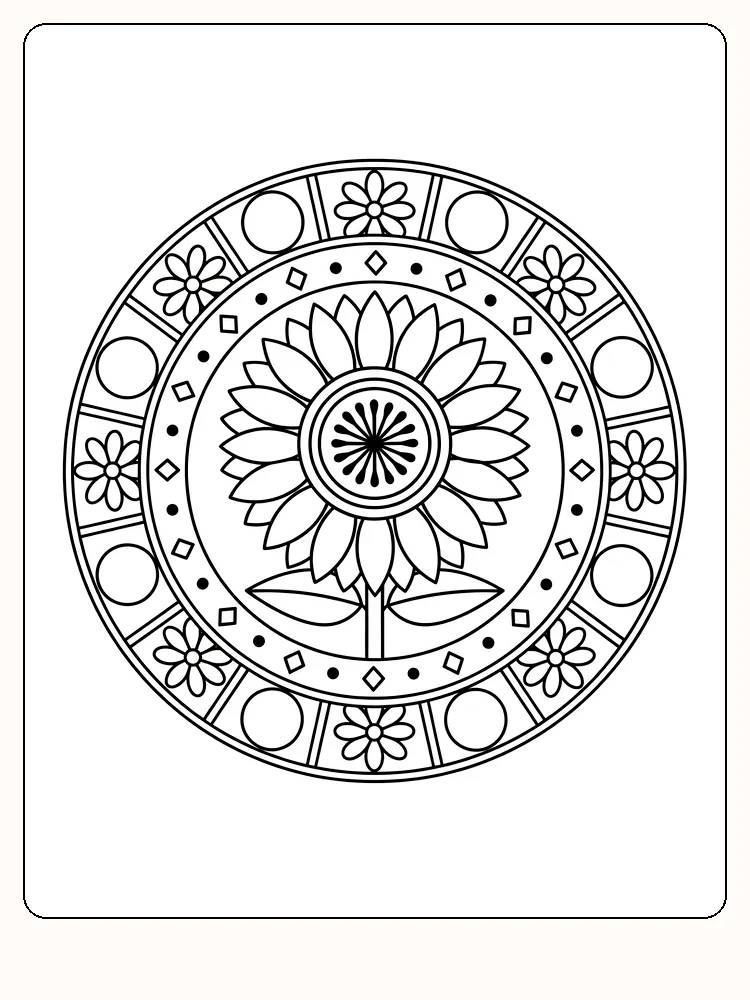 Detailliertes Ausmalbild einer Blumenmandala mit Sonnenmotiv, bereit zum Ausdrucken