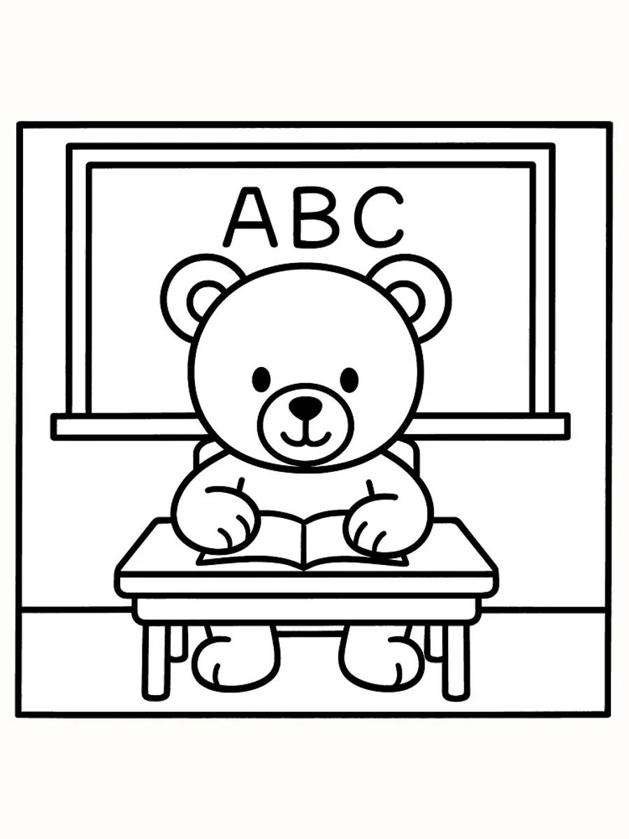 Ausmalbild eines Bären, der ein Buch liest, mit dem ABC an der Tafel im Hintergrund zum Ausdrucken.